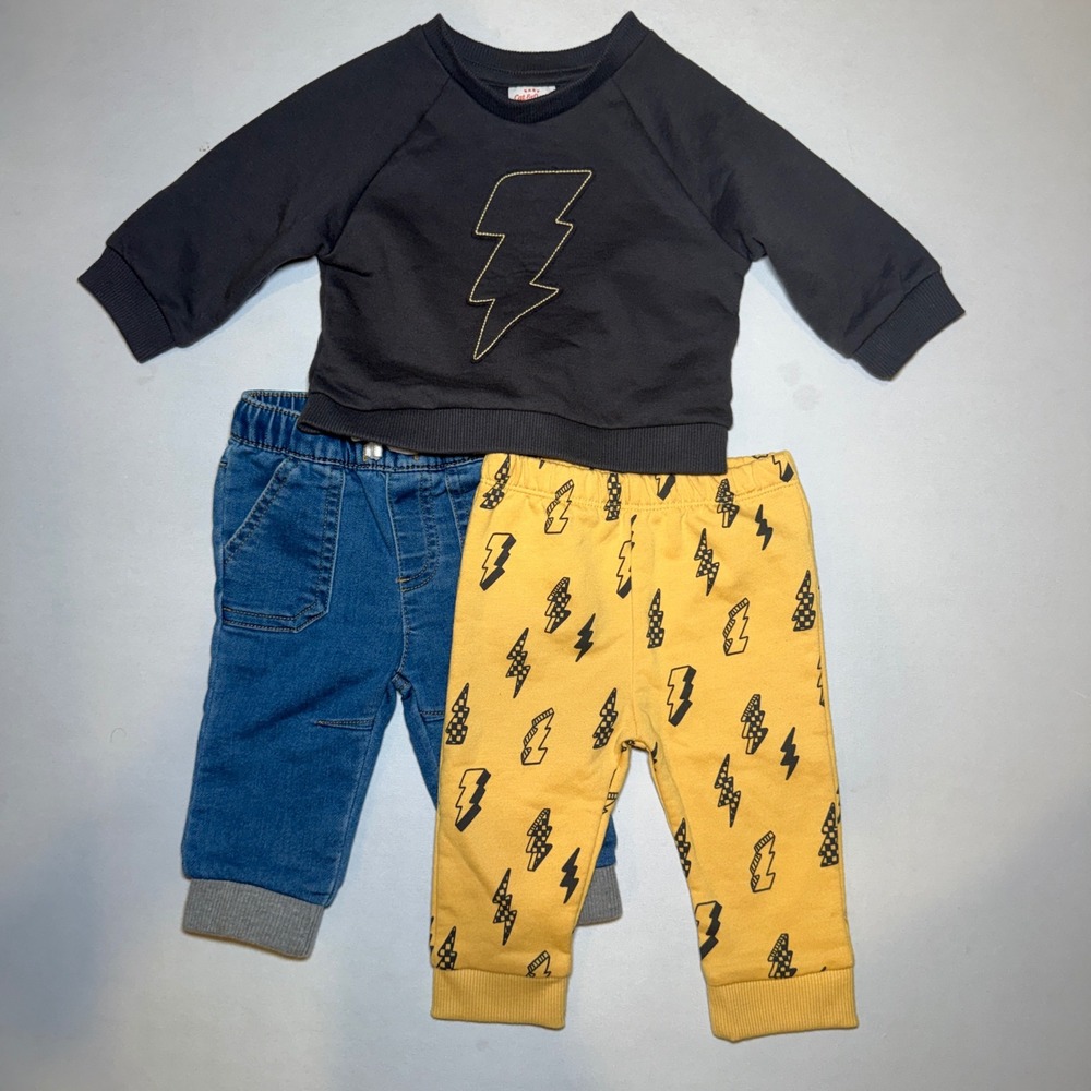 Cat & Jack Baby Boy Lightning Bolt Sweatshirt Joggers Denim Pants Set 0-6M 3pc